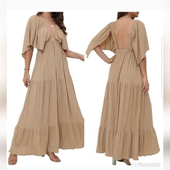 Summer V-Neck, Tiered Silhouette with Flutter Sleeves Maxi Dress - Picture 4 of 13